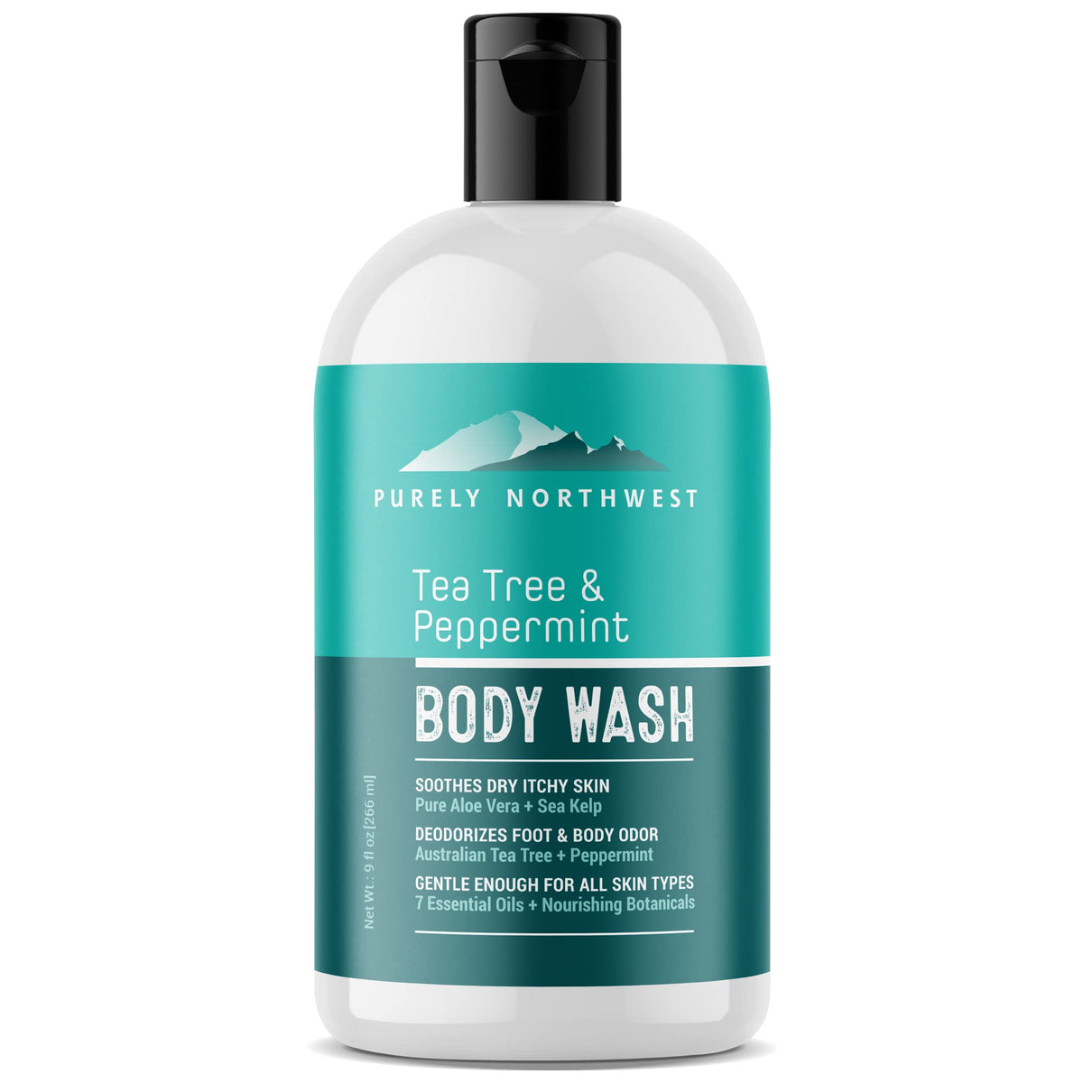 Purely Northwest Tea Tree Body Wash bottle closeup for a refreshing cleanse after workouts