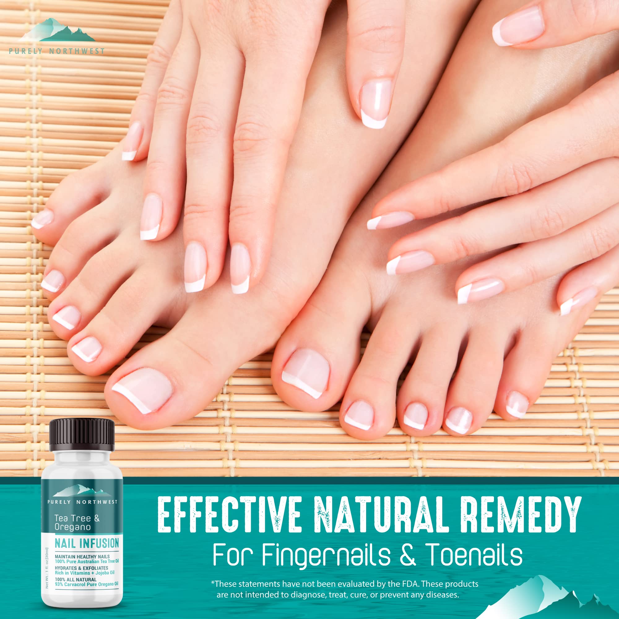 Purely Northwest Tea Tree and Oregano Oil ingredients close-up for natural nail care.