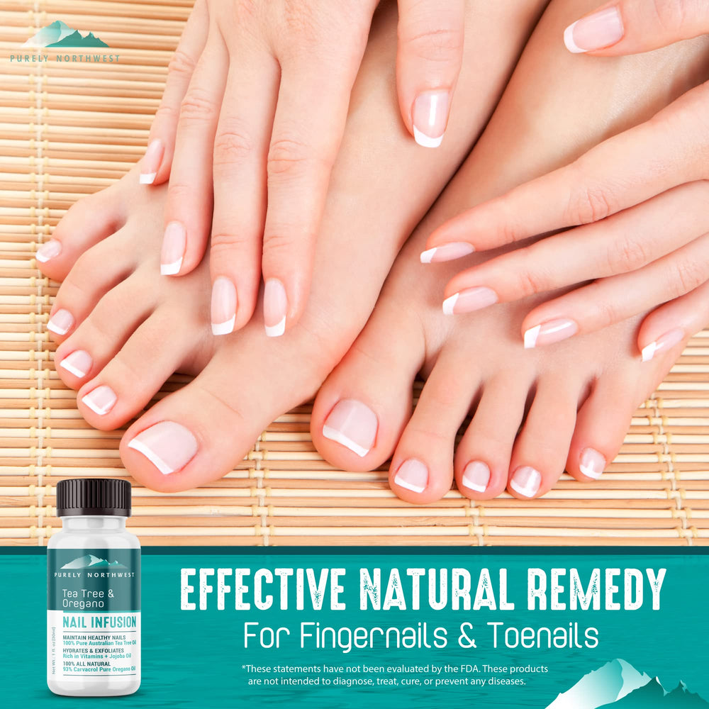 Purely Northwest Tea Tree and Oregano Oil ingredients close-up for natural nail care.