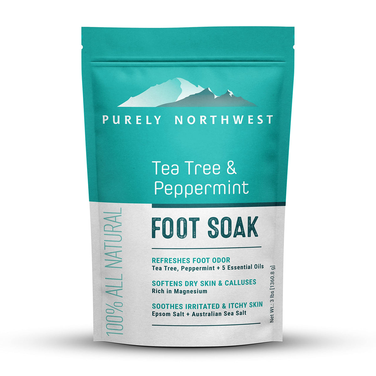 Purely Northwest tea tree peppermint foot soak bottle promotes comfort after daily wear