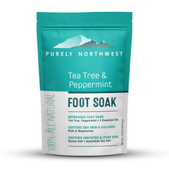 Purely Northwest tea tree peppermint foot soak bottle promotes comfort after daily wear