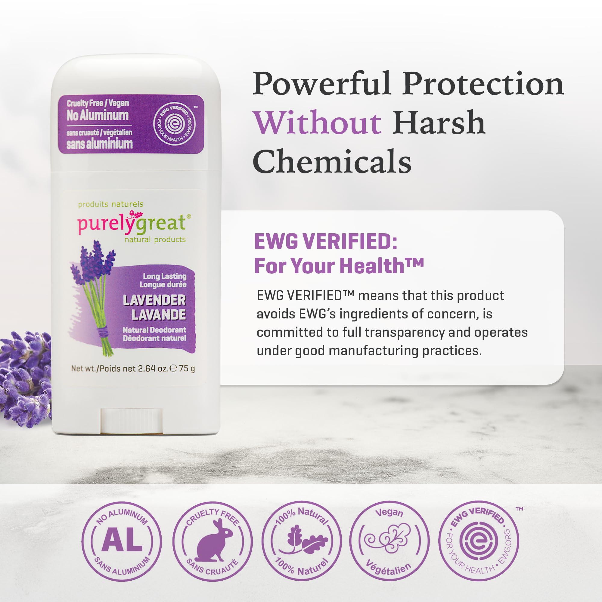 Purelygreat lavender deodorant stick application shows smooth swipe for all-day odor control.