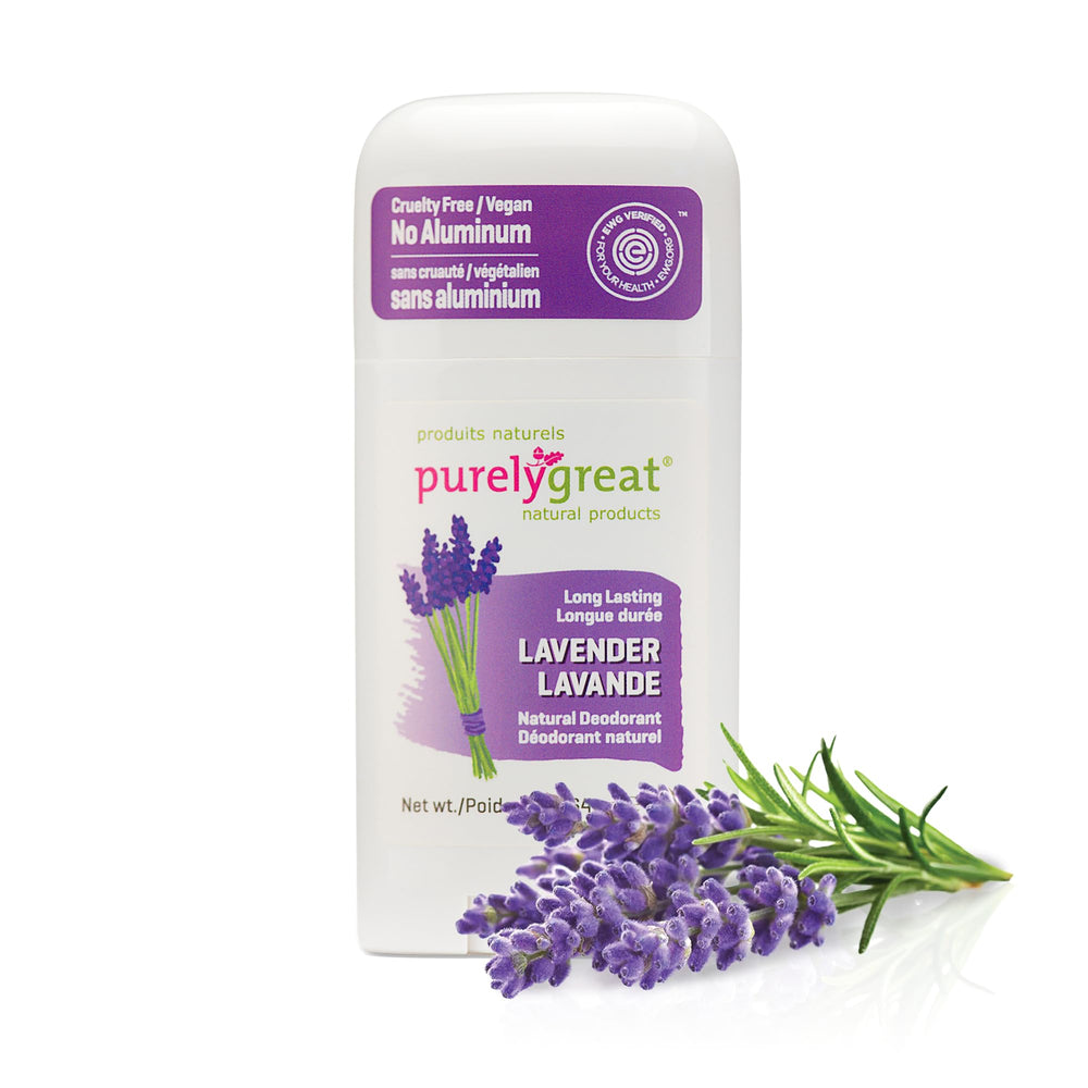 Purelygreat lavender scented deodorant stick packaging for daily freshness.