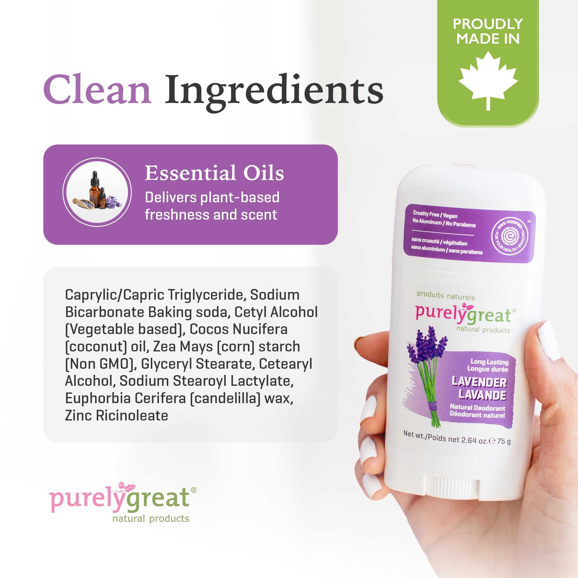 Purelygreat travel-friendly deodorant stick in hand for on-the-go freshness.