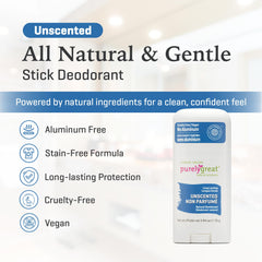 Purelygreat unscented deodorant stick application—clean, mess-free morning routine.