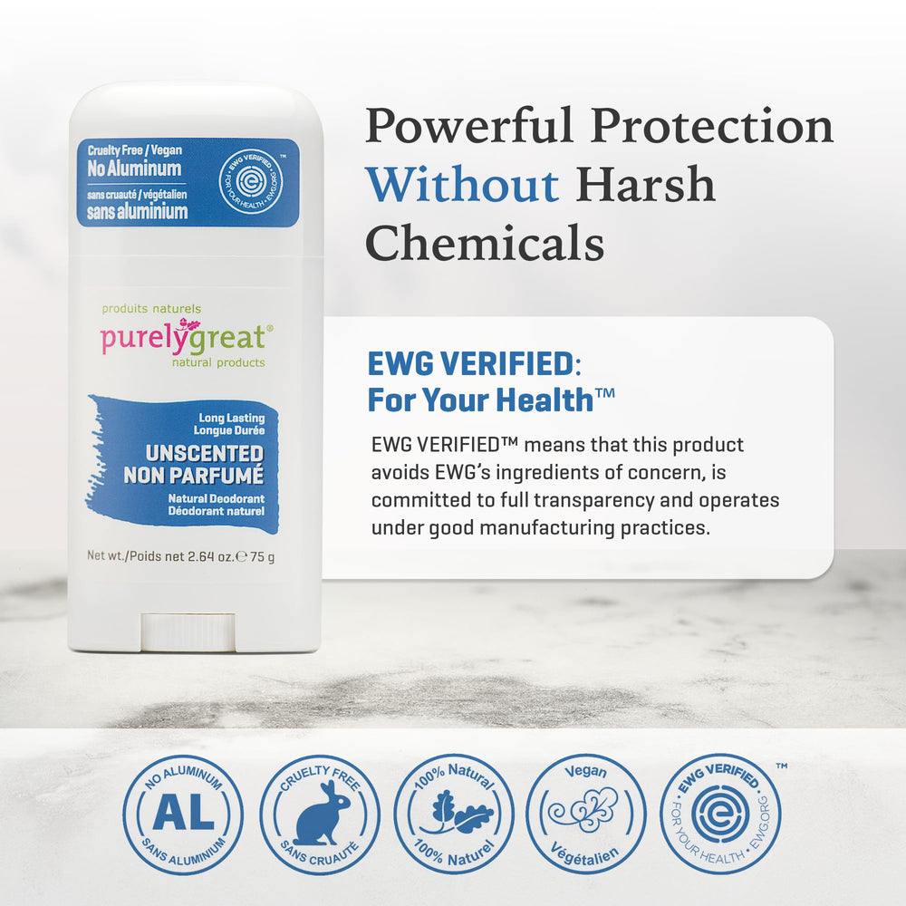 Purelygreat unscented deodorant stick skin close-up—gentle on sensitive underarms.