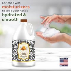 Puremax Honey Almond foaming hand soap bottle label highlights safety and eco claims.