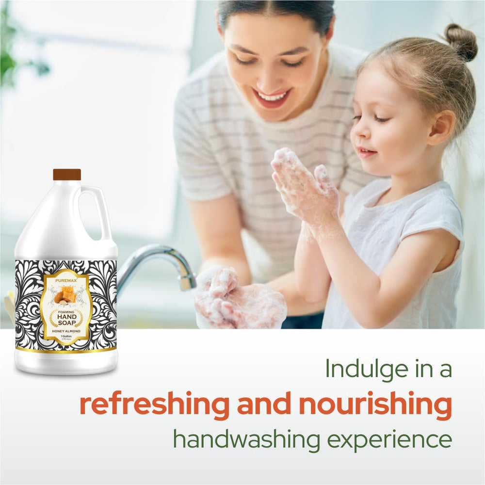 Puremax Honey Almond foaming hand soap refill gallon shows eco-friendly, cost-saving refills.