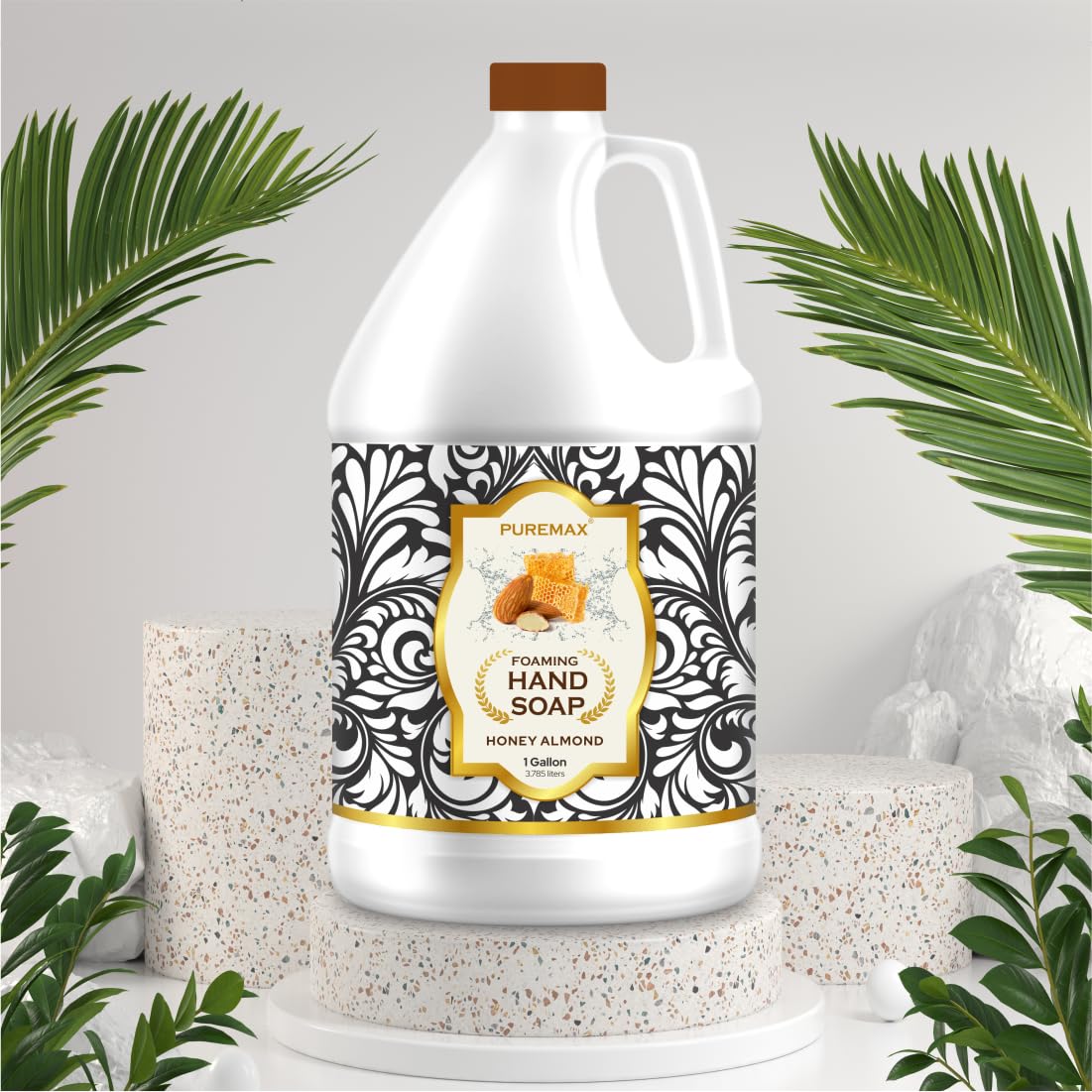 Close-up texture of Puremax Honey Almond foaming hand soap showing creamy foam.