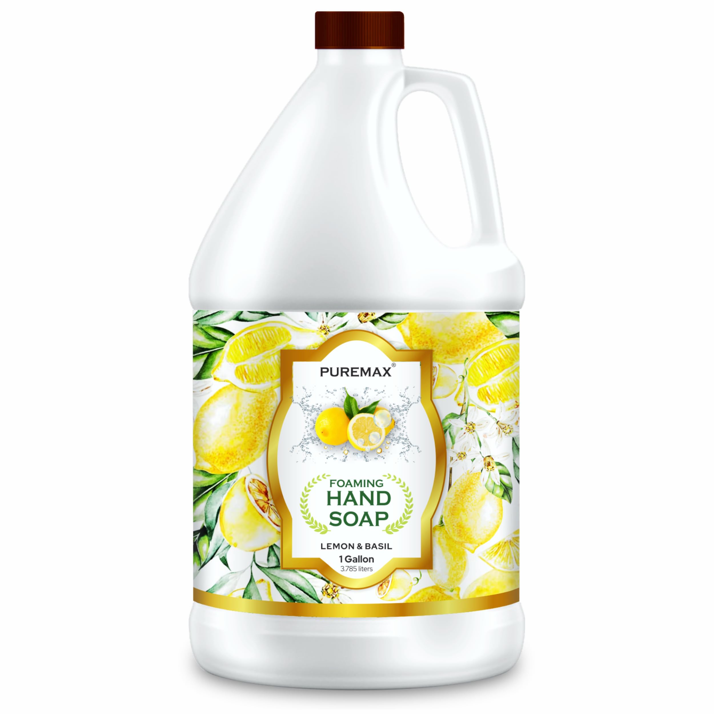 Puremax Lemon Basil foaming hand soap bottle provides refreshing, thorough hand cleansing.