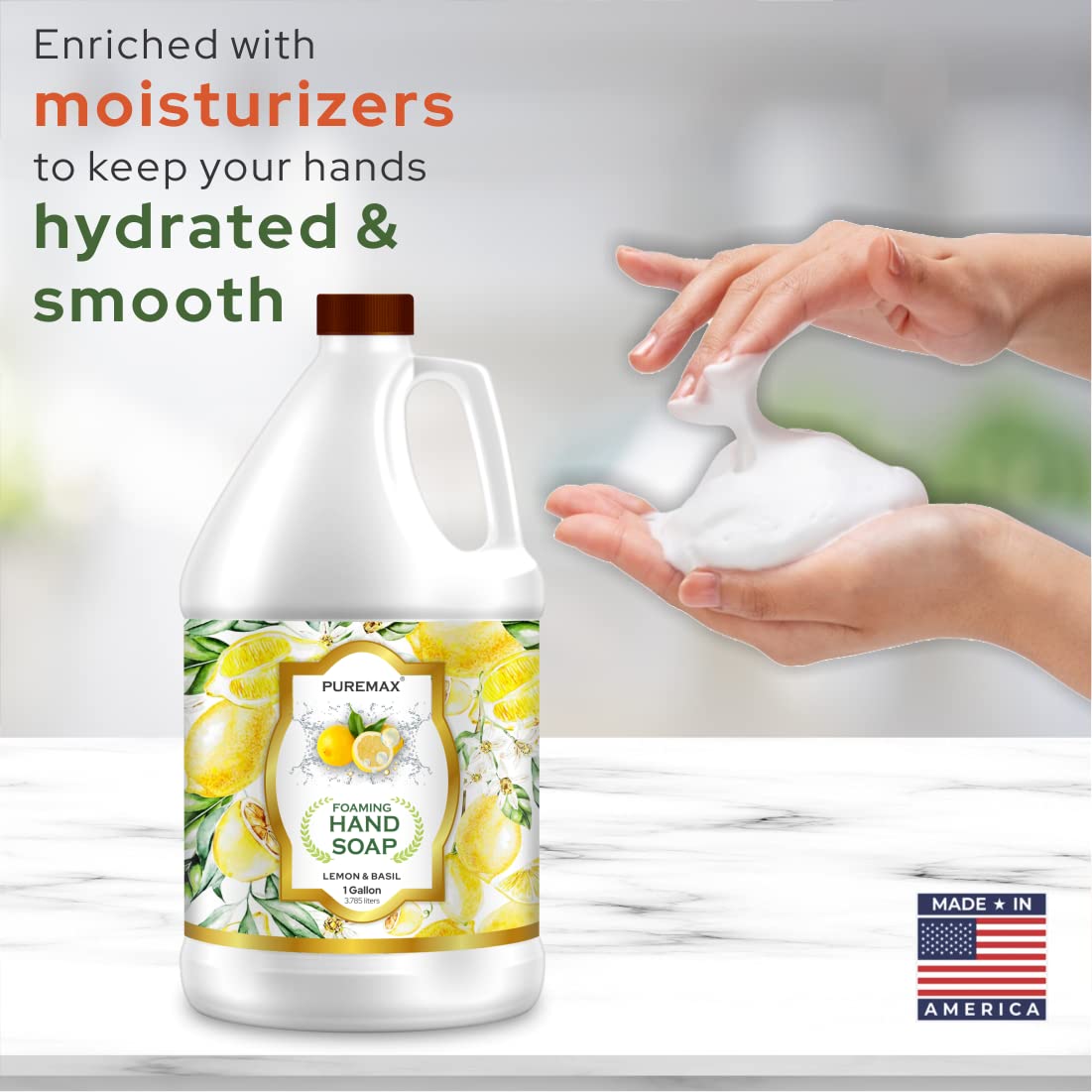 Puremax Lemon Basil gallon refill illustrates eco-friendly bulk packaging for busy homes.