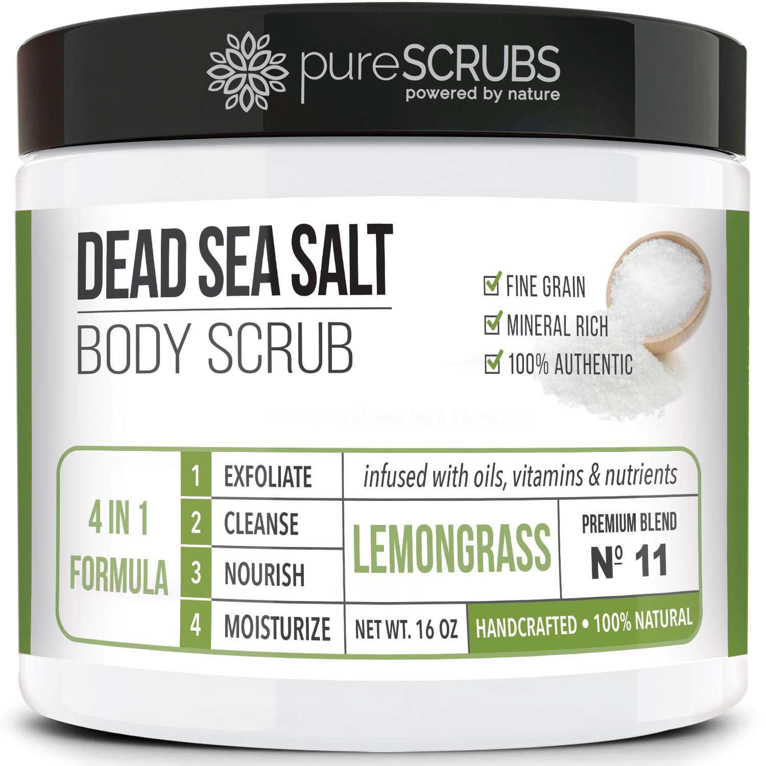 PureSCRUBS lemongrass scrub jar for generous exfoliation.