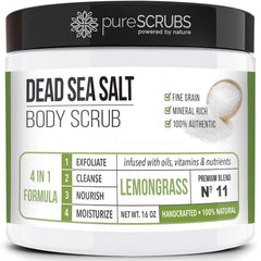 PureSCRUBS lemongrass scrub jar for generous exfoliation.