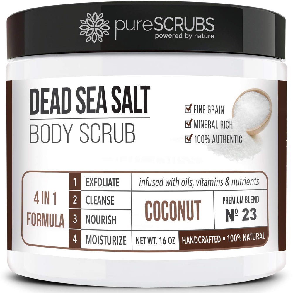 PureSCRUBS coconut body scrub jar for spa-like smooth skin.