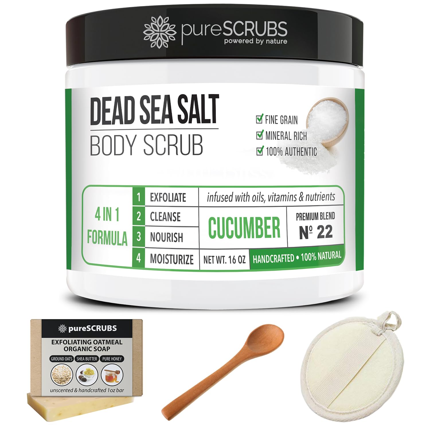 PureSCRUBS premium cucumber scrub ingredients deep-sea salt and nourishing minerals