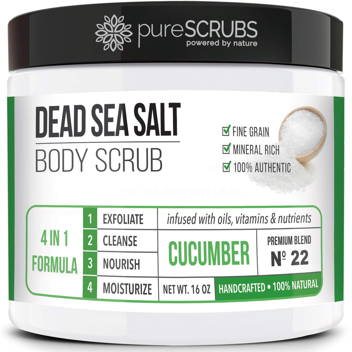 PureSCRUBS cucumber scrub jar close-up for silky, smooth skin through gentle exfoliation
