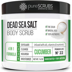 PureSCRUBS cucumber scrub jar close-up for silky, smooth skin through gentle exfoliation