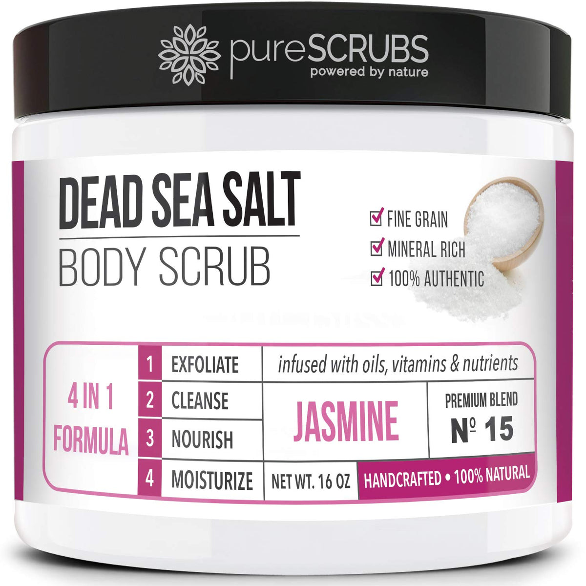 PureSCRUBS Jasmine body scrub jar with spoon for smooth skin prep