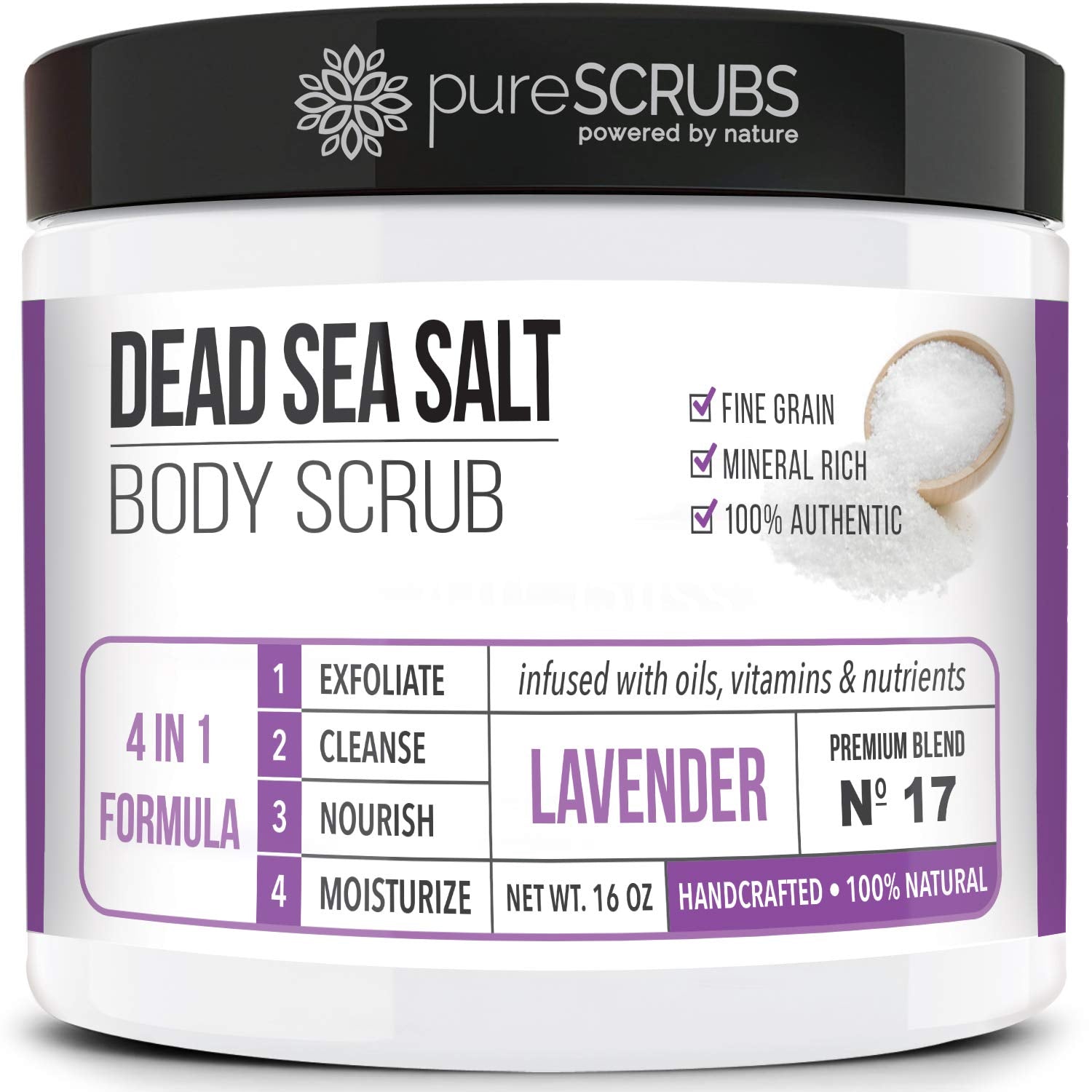 PureSCRUBS Premium Lavender Scrub jar with Dead Sea salt for smoother skin