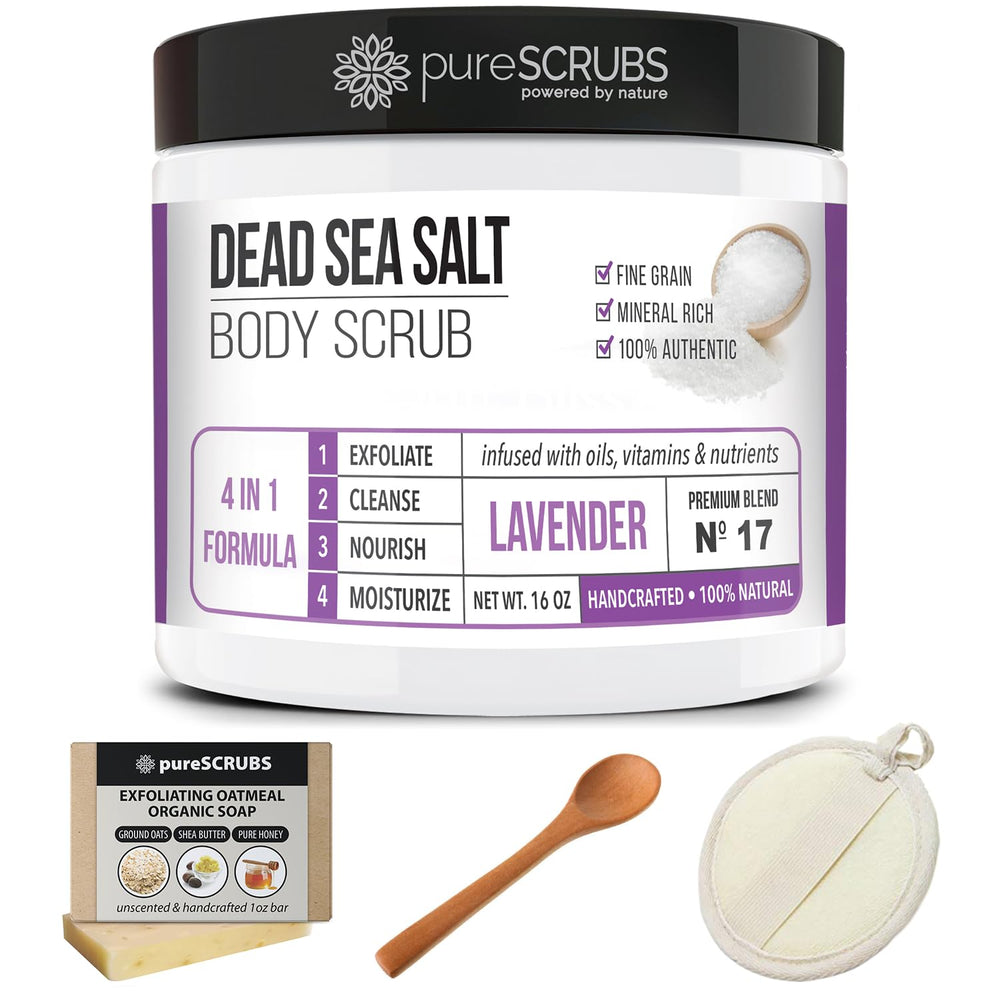 Complete PureSCRUBS Lavender Scrub set with jar, spoon, loofah and soap