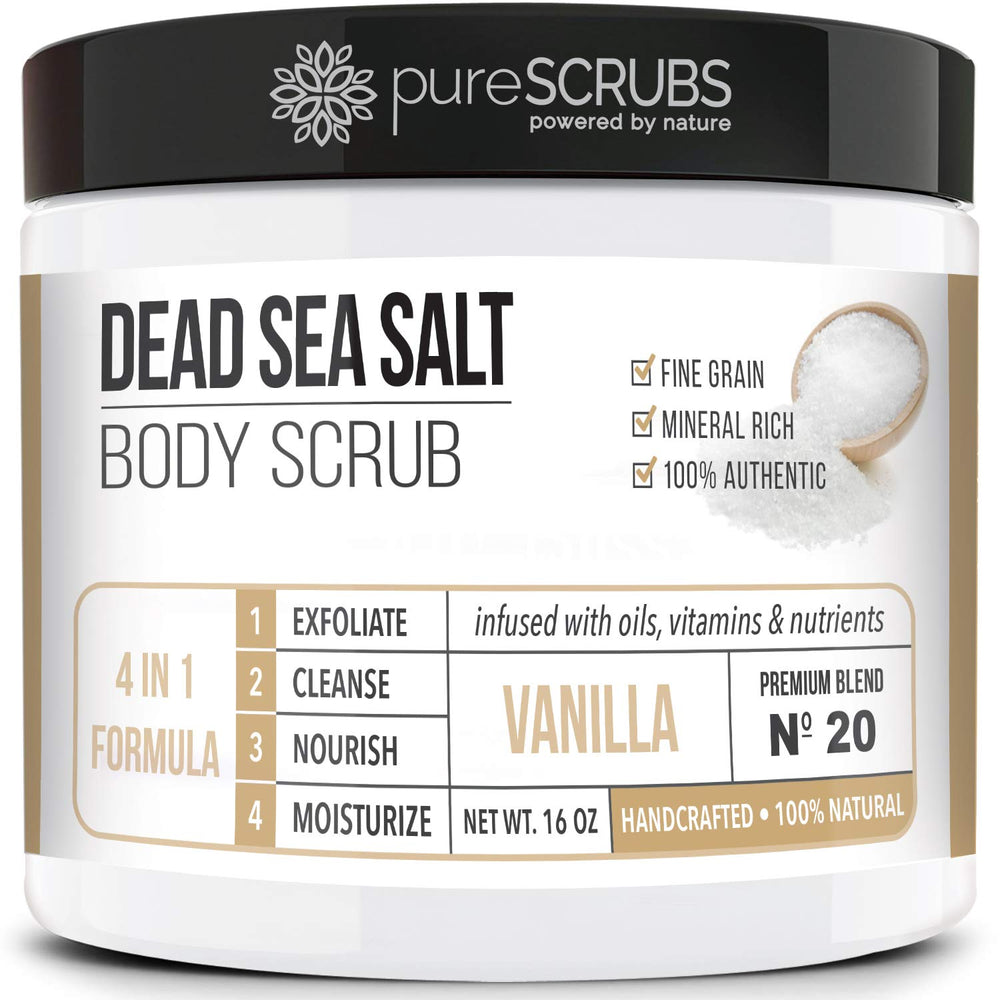 PureSCRUBS Premium Vanilla Body Scrub jar ready for an at-home spa ritual.