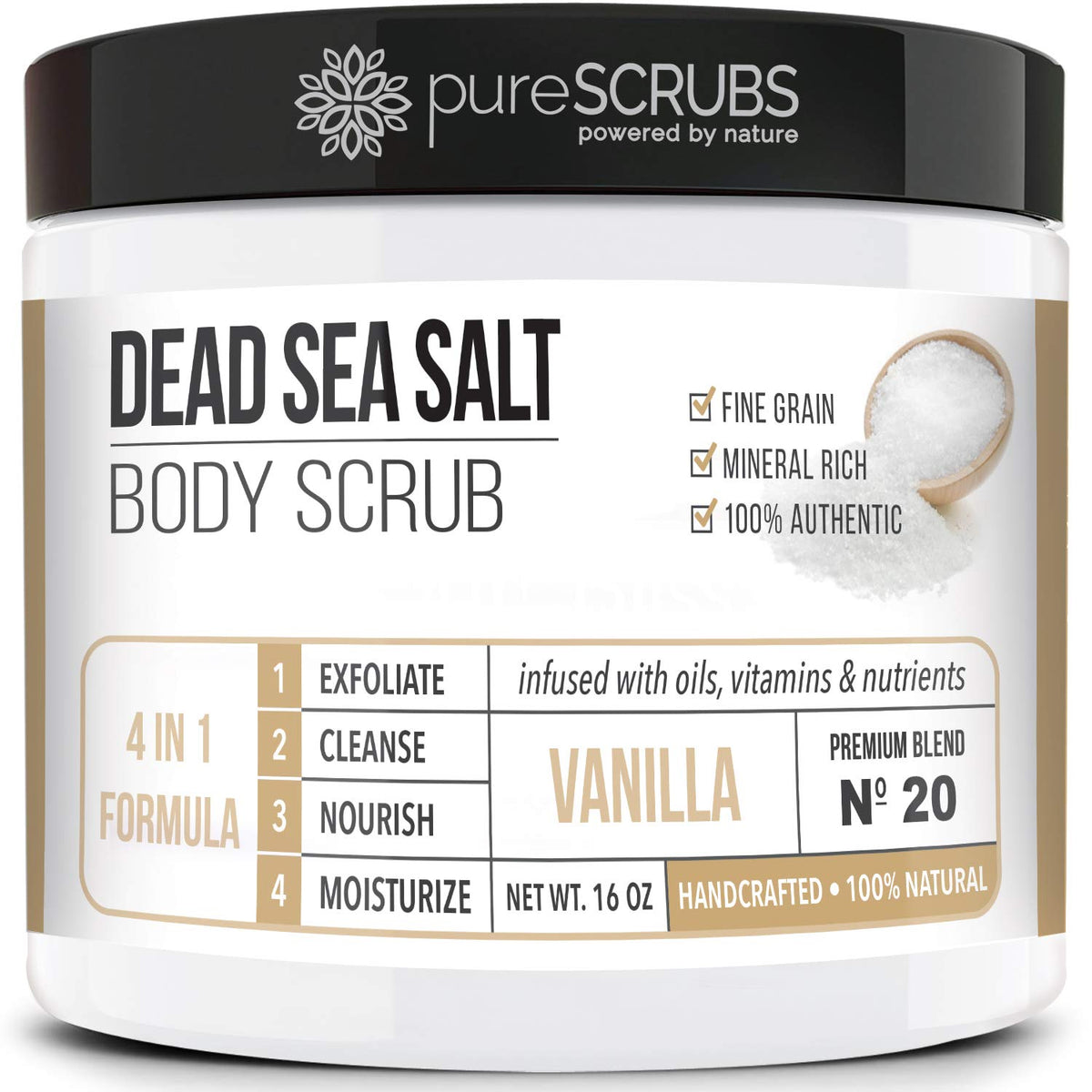 PureSCRUBS Premium Vanilla Body Scrub jar ready for an at-home spa ritual.