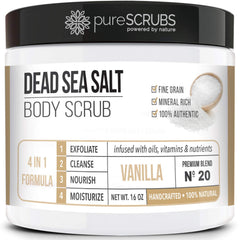 PureSCRUBS Premium Vanilla Body Scrub jar ready for an at-home spa ritual.