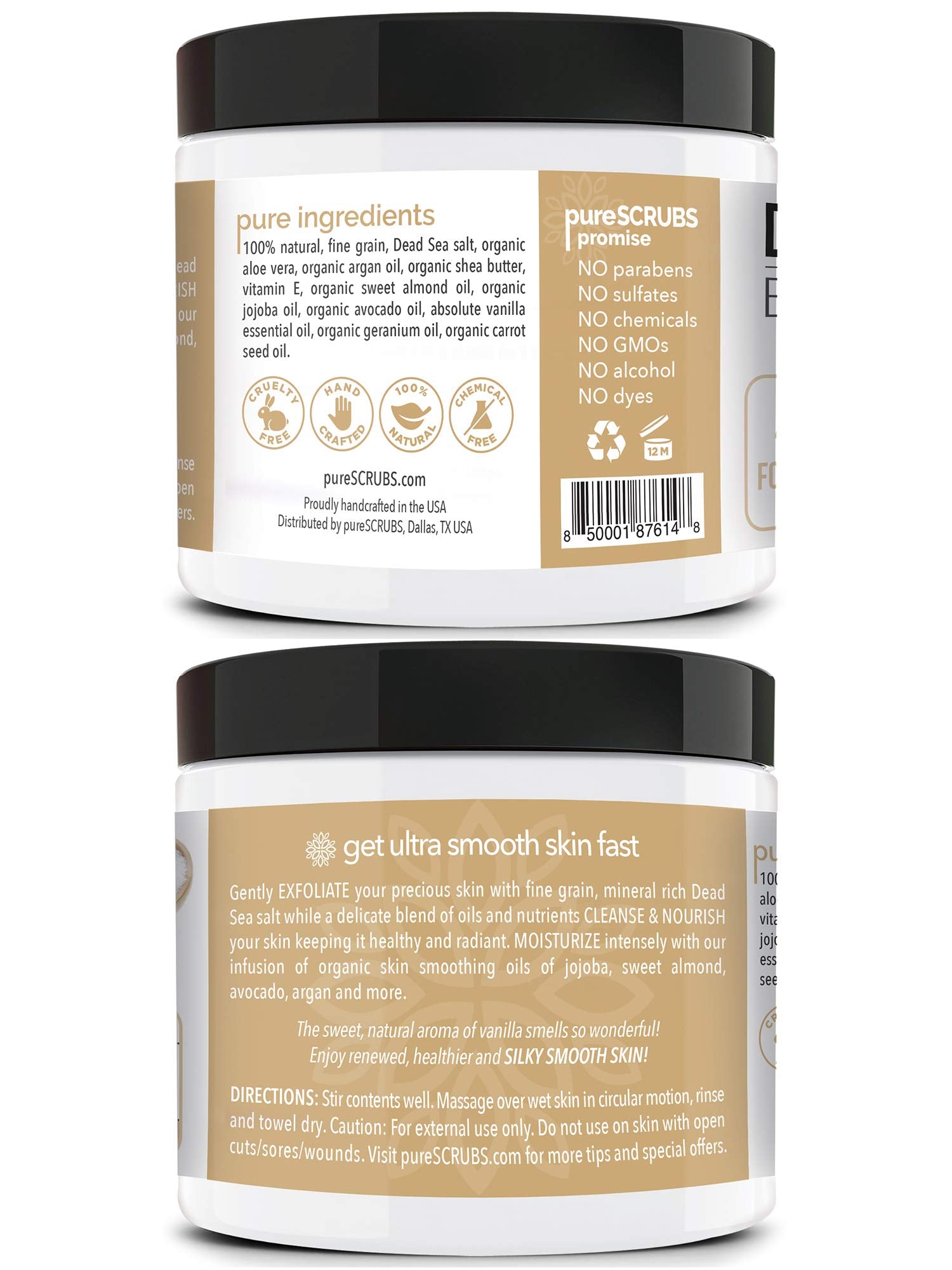 PureSCRUBS vanilla scrub wooden spoon for easy scooping during exfoliation.