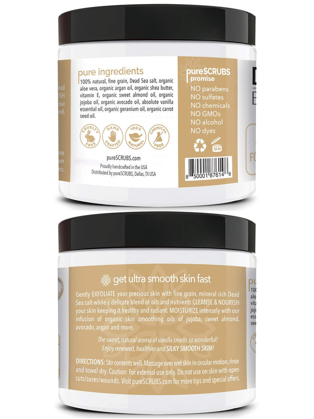 PureSCRUBS vanilla scrub wooden spoon for easy scooping during exfoliation.