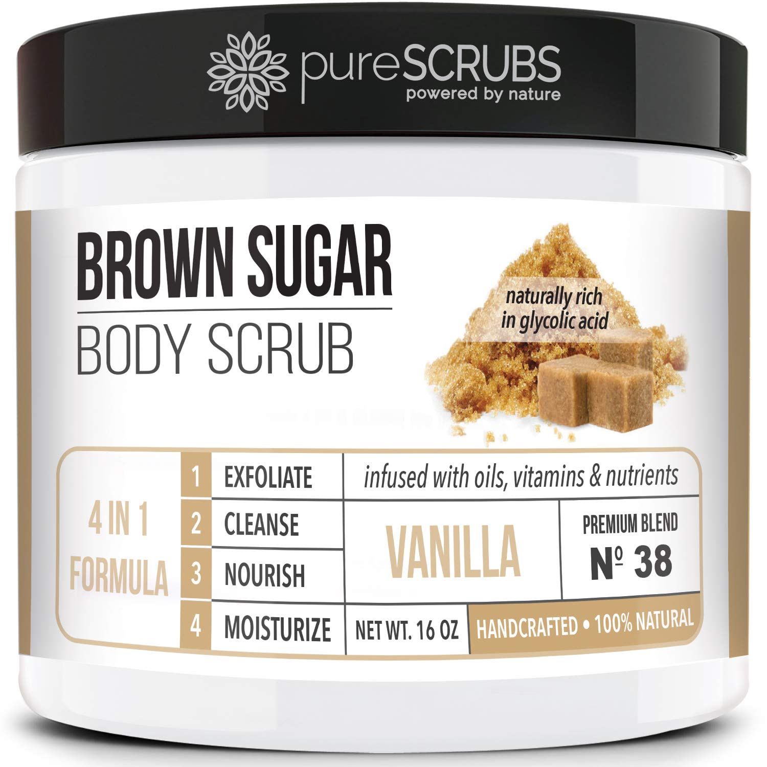 pureSCRUBS Premium Vanilla Brown Sugar Scrub jar front view showing texture and aroma benefits
