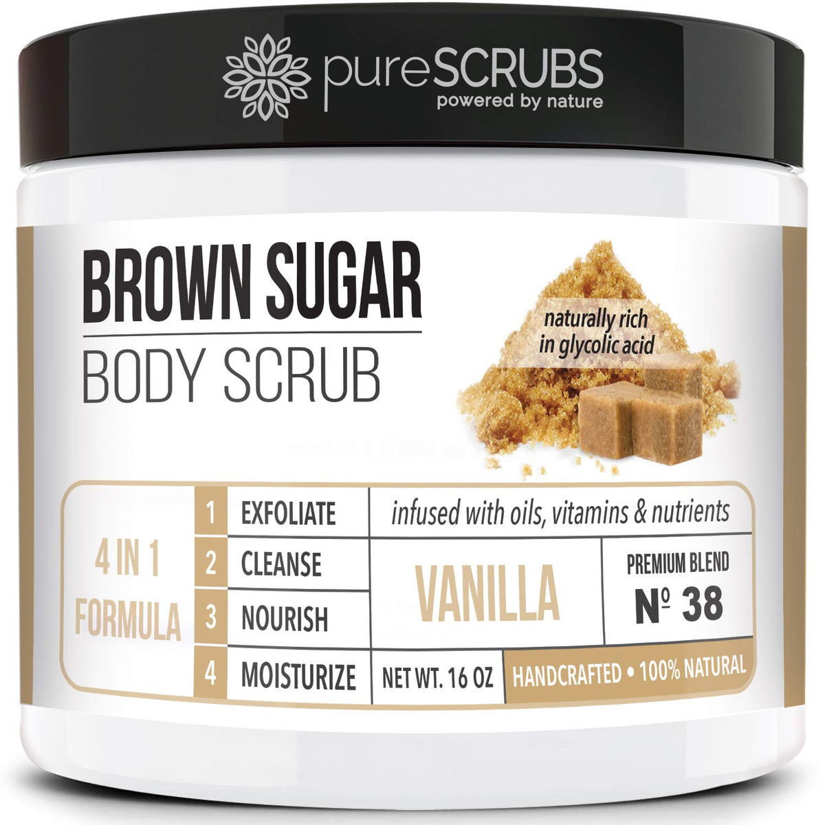 pureSCRUBS Premium Vanilla Brown Sugar Scrub jar front view showing texture and aroma benefits