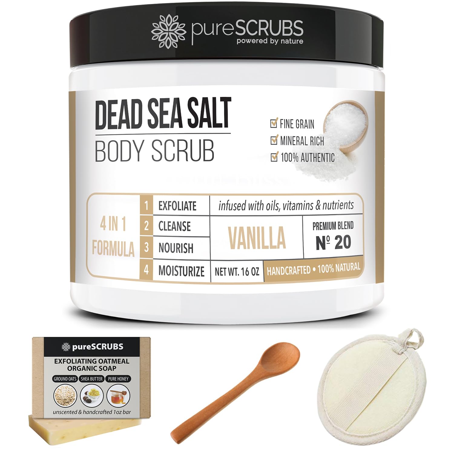 PureSCRUBS vanilla scrub routine suggesting weekly spa-like pampering.