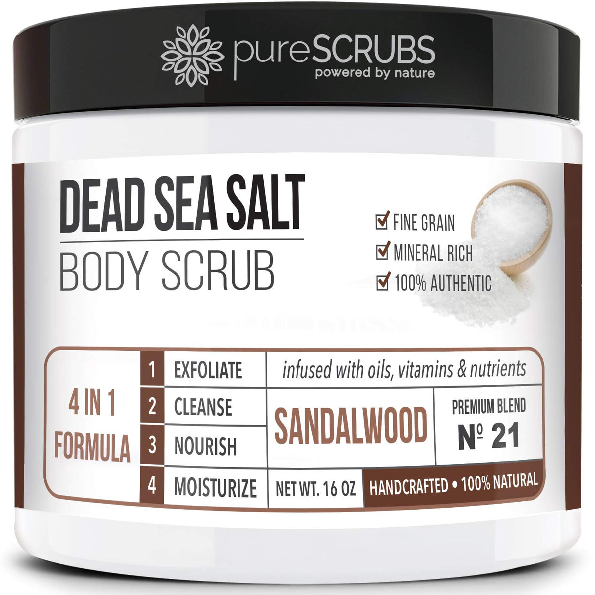 PureSCRUBS sandalwood scrub jar demonstrates fine-grain texture for smooth, glowing skin.