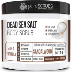PureSCRUBS sandalwood scrub jar demonstrates fine-grain texture for smooth, glowing skin.