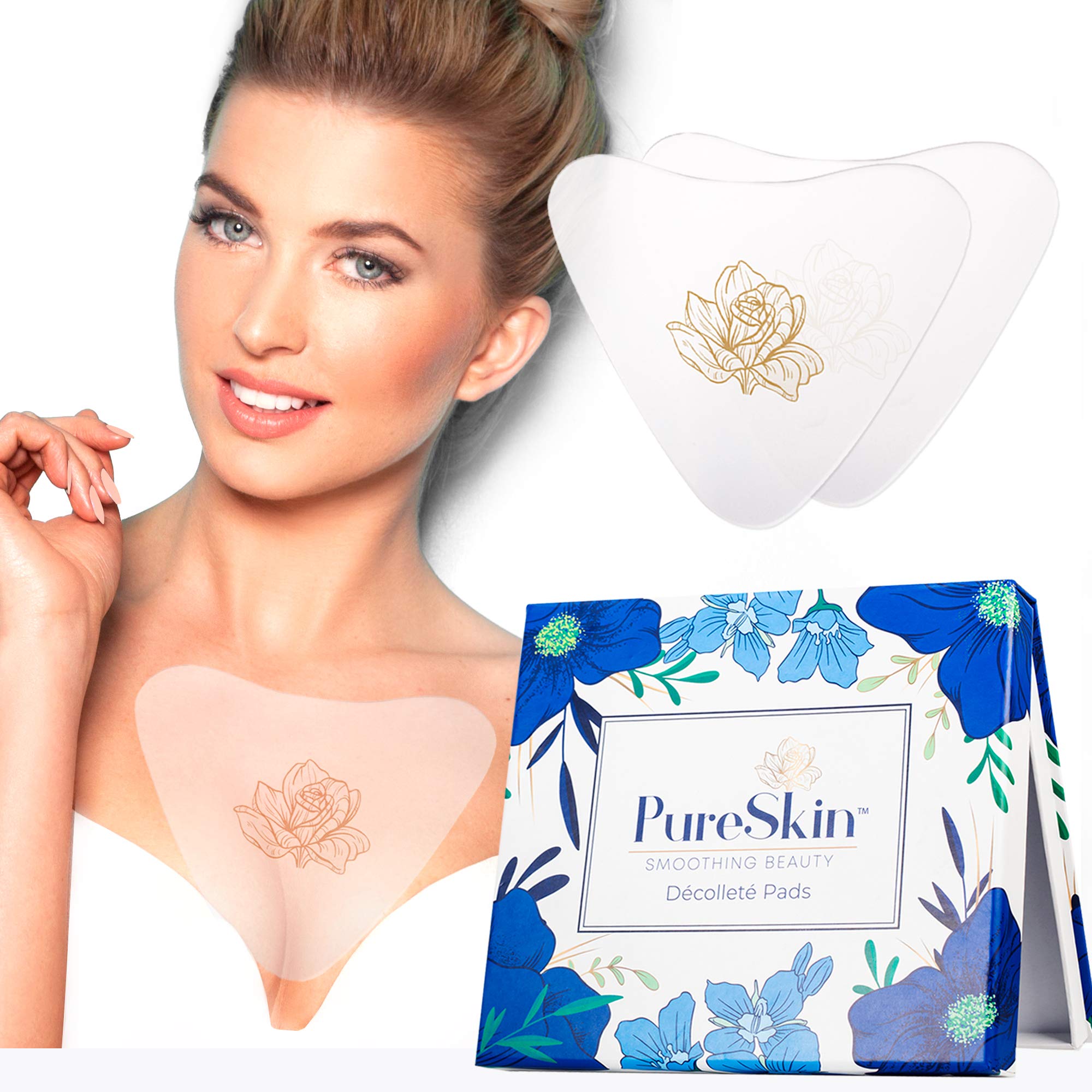 PureSkin chest wrinkle pads 4-pack packaging demonstrates easy nighttime wrinkle care.