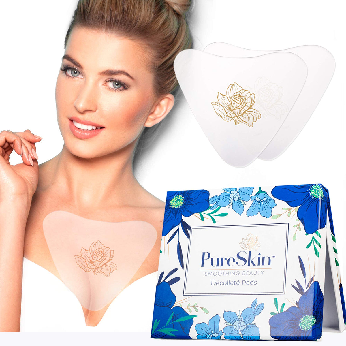 PureSkin chest wrinkle pads 4-pack packaging demonstrates easy nighttime wrinkle care.