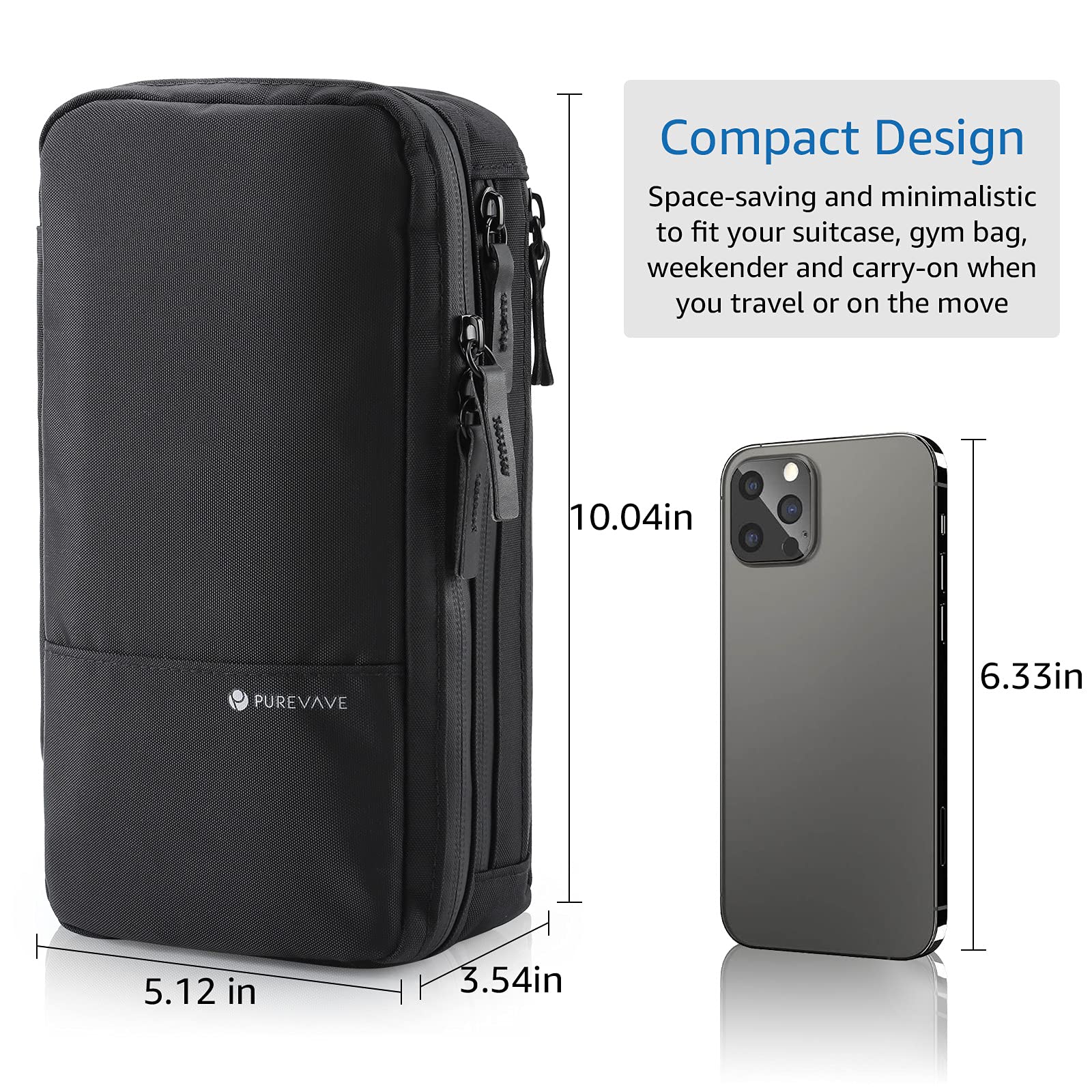Purevave compact mens toiletry bag inner pocket organization demonstrates secure TSA-friendly compartments.