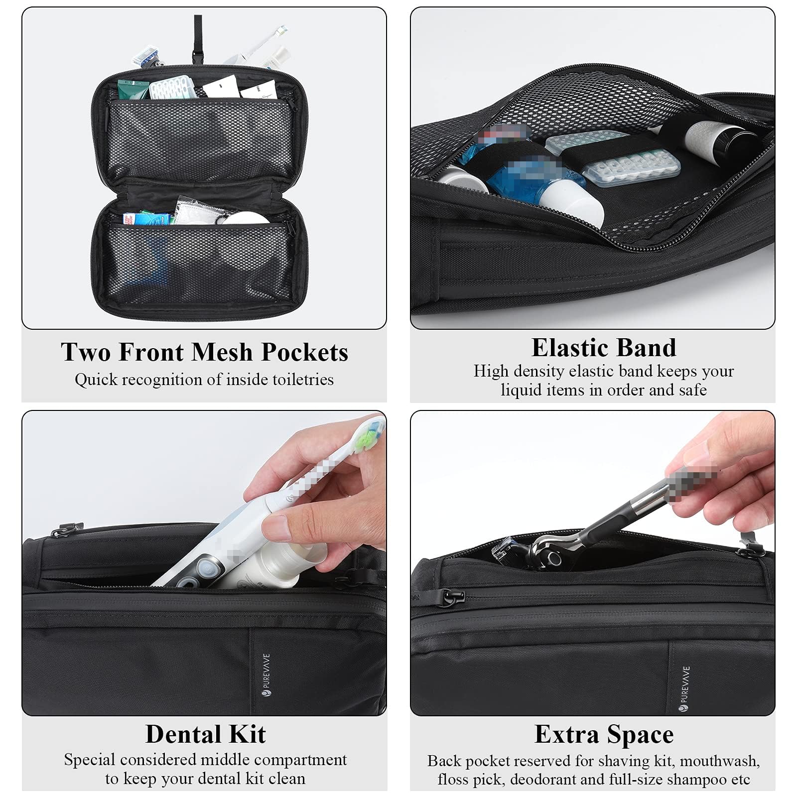 Purevave compact mens toiletry bag middle pocket holds spinbrush and toothpaste securely.