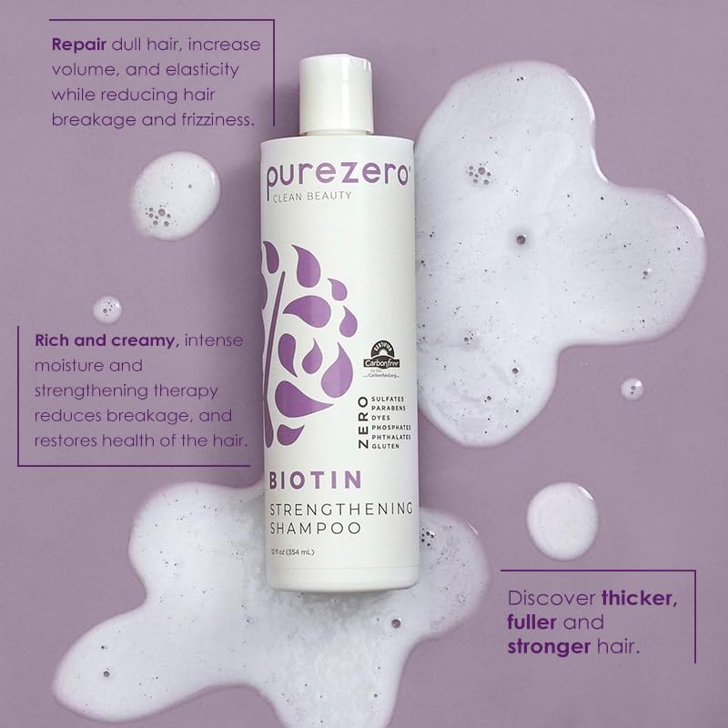 Purezero Biotin Conditioner bottle demonstrates smoothing action for detangling and body.