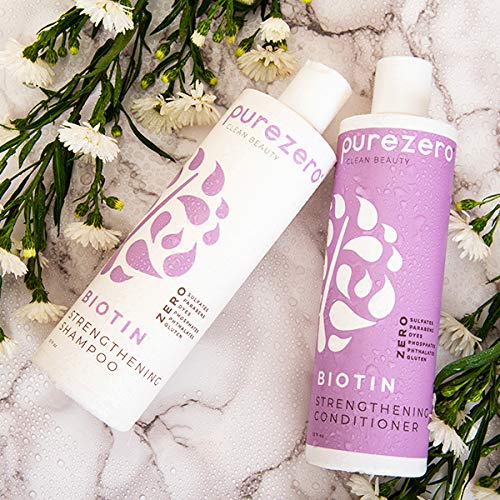 Purezero Biotin Conditioner rinse image suggests detangling softness and shine.