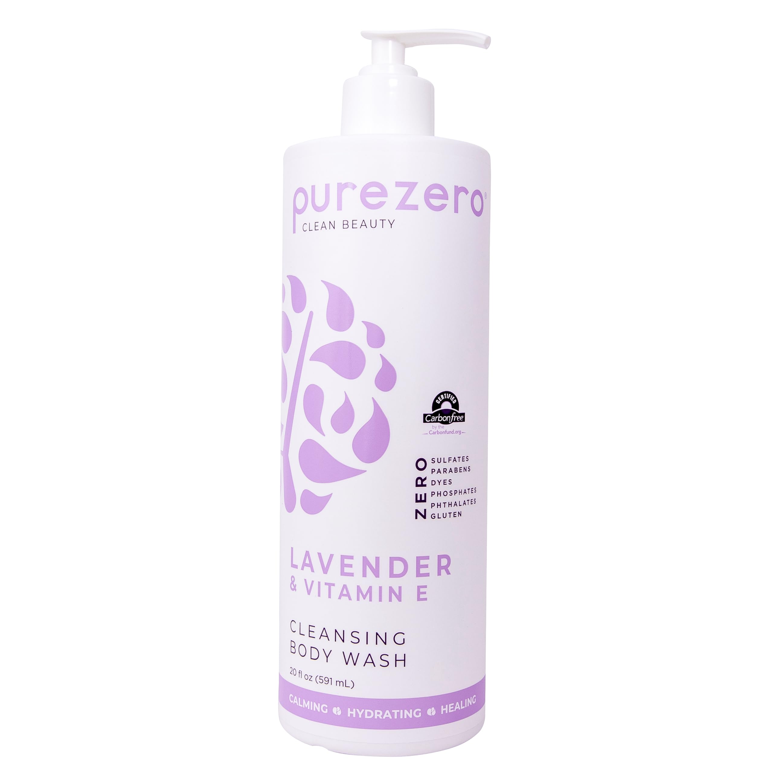 Purezero Lavender Vitamin E body wash bottle showing calming lavender for nourished skin