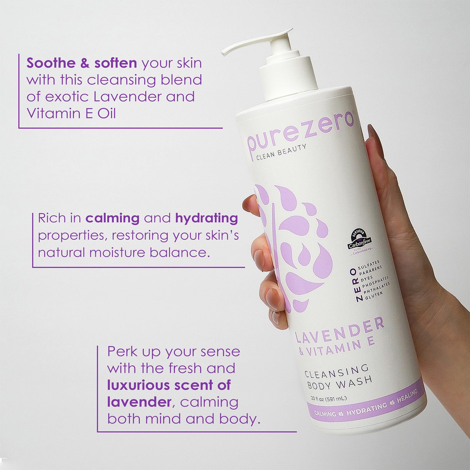 Purezero Lavender Vitamin E body wash texture close-up emphasizing rich moisture
