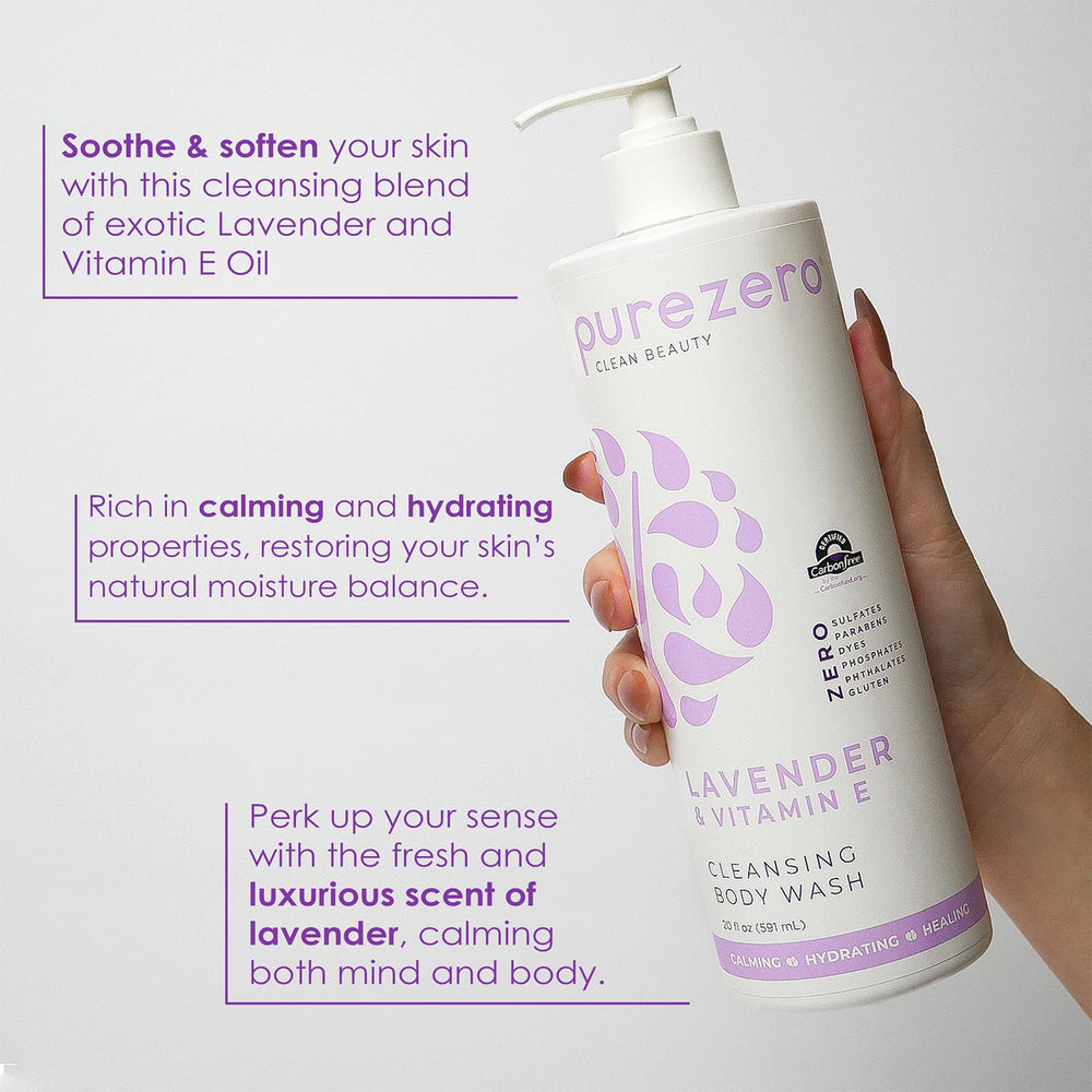 Purezero Lavender Vitamin E body wash texture close-up emphasizing rich moisture