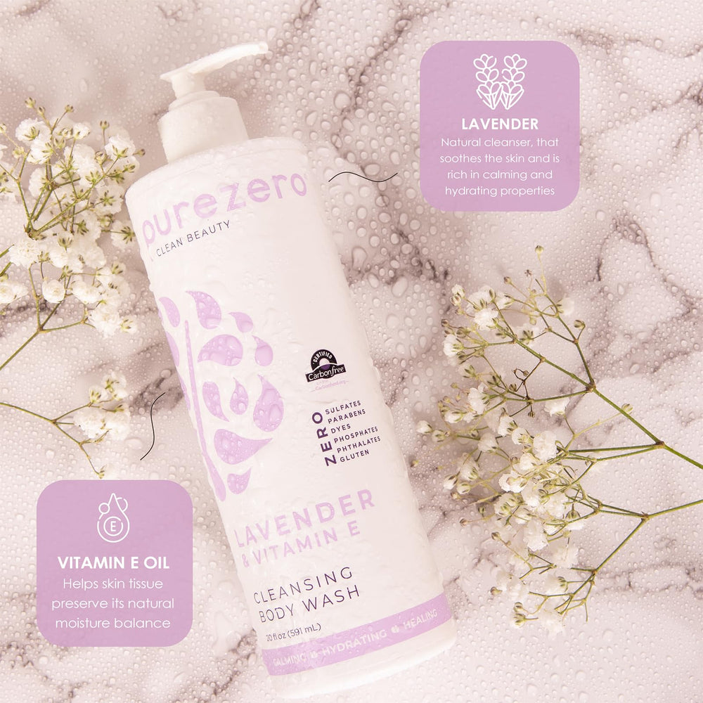 Purezero Lavender Vitamin E body wash foam close-up highlighting creamy lather and hydration