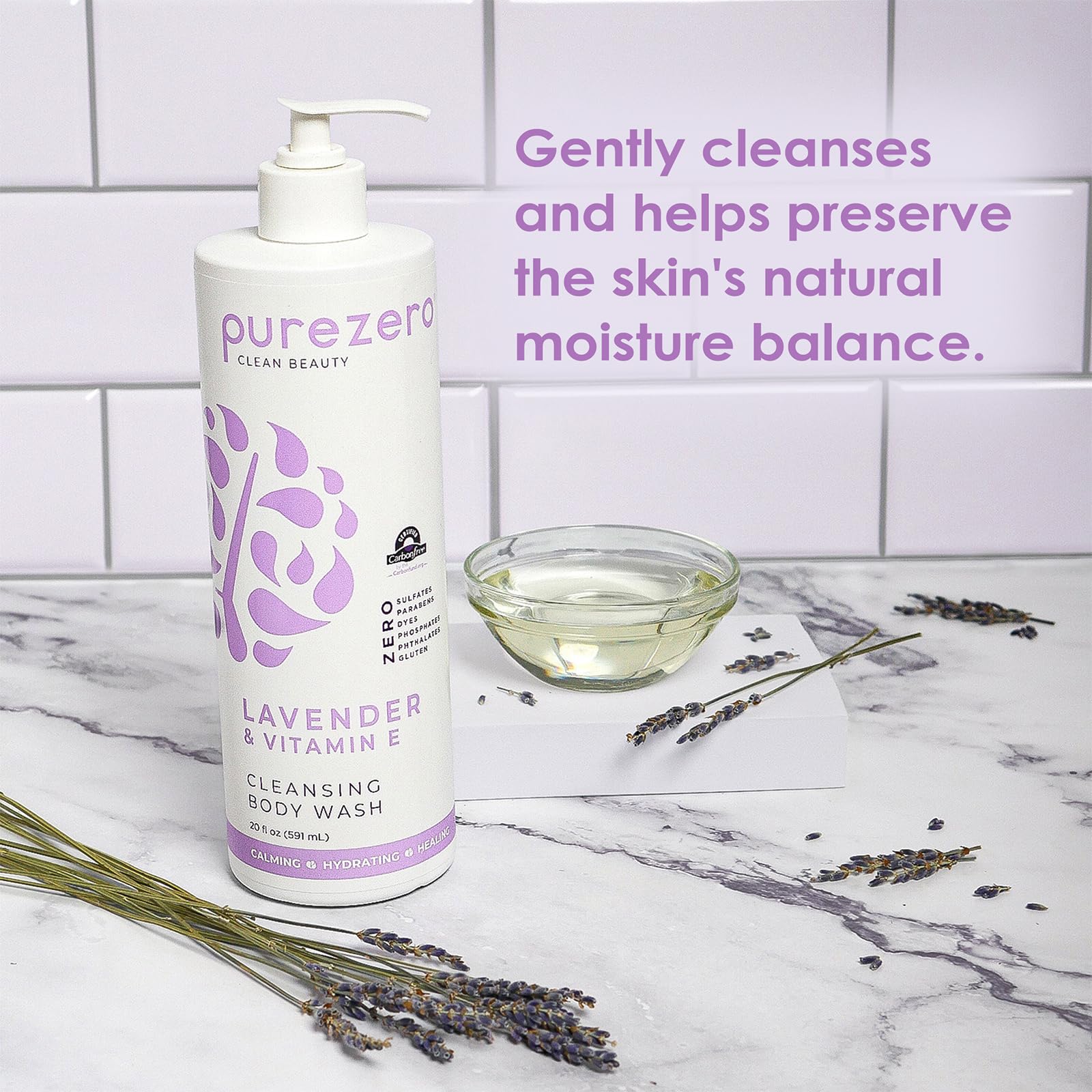 Purezero Lavender Vitamin E body wash in shower demonstrates gentle cleansing