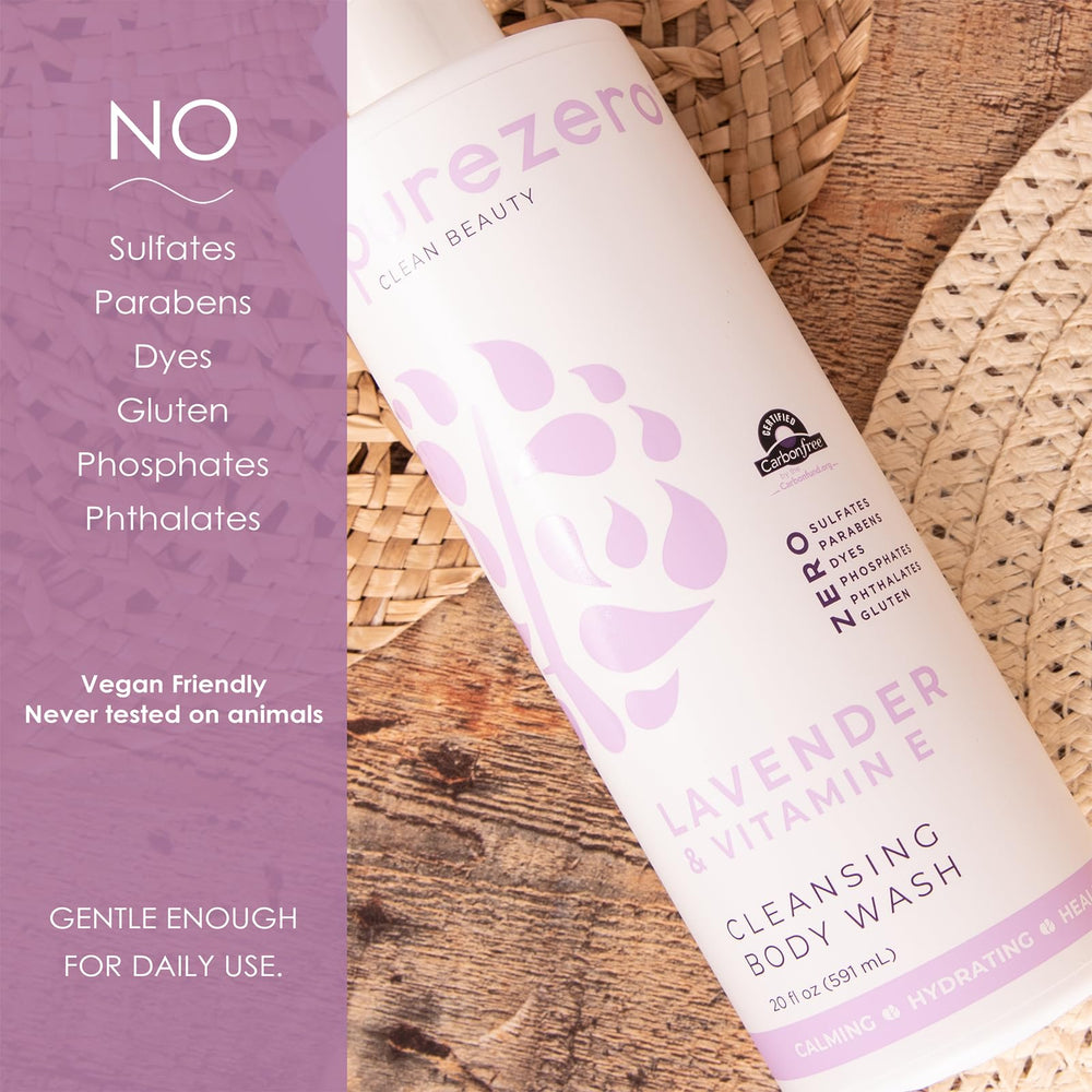 Purezero Lavender Vitamin E body wash ingredients close-up featuring plant-based formula