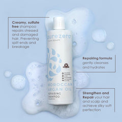 Purezero Moroccan Argan Oil Conditioner bottle demonstrates detangling and frizz control benefits.