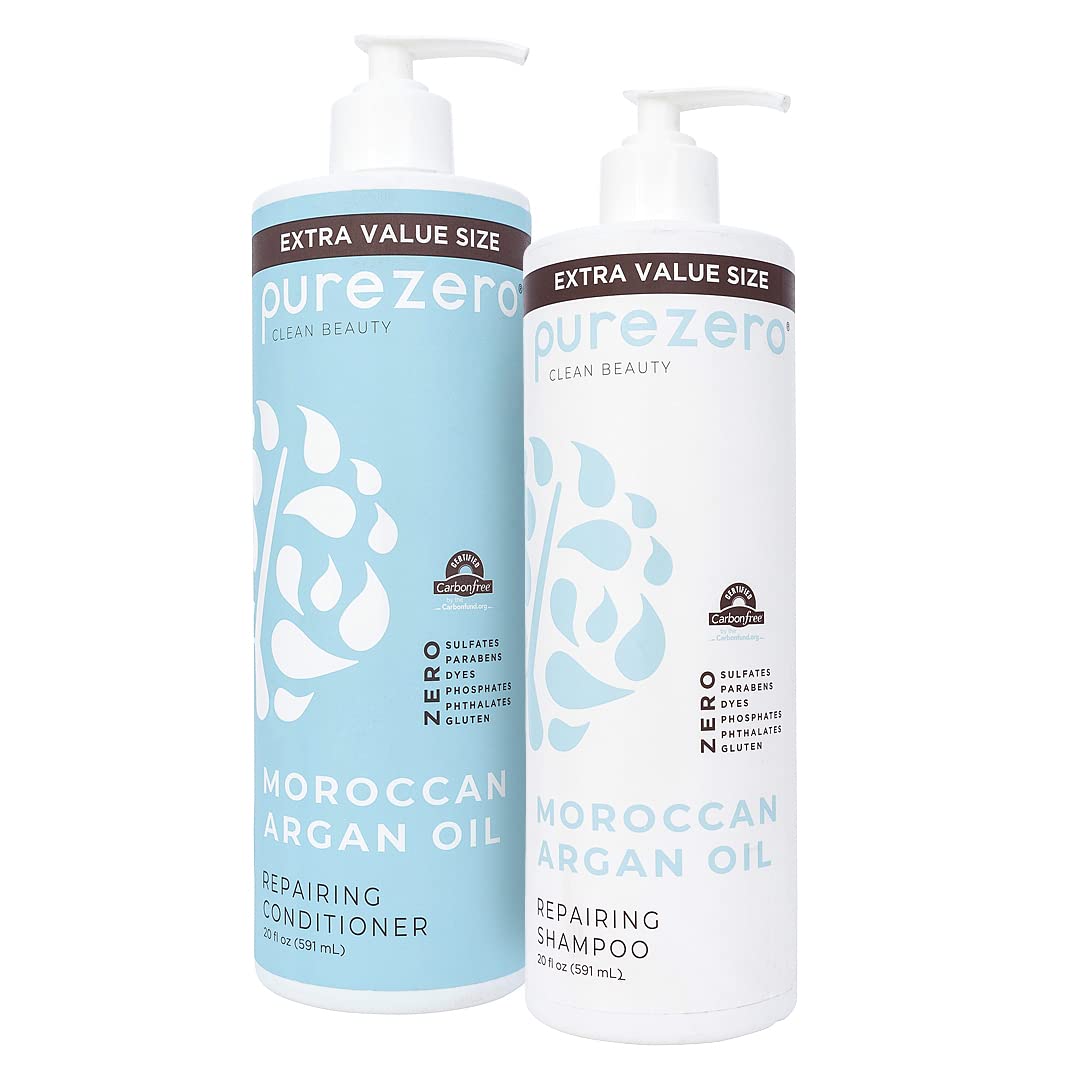 Purezero Moroccan Argan Oil Shampoo bottle front shows sulfate-free gentle cleansing.