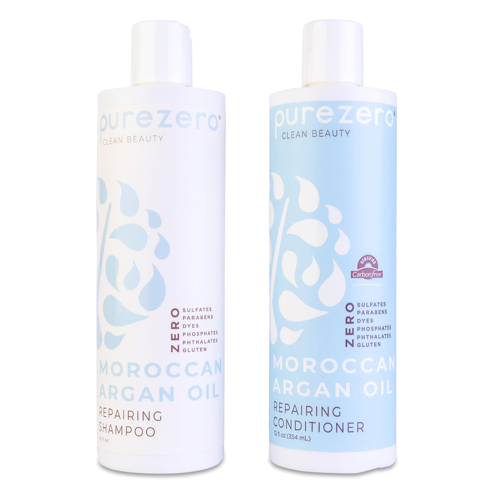 Purezero Moroccan Argan Oil Shampoo bottle shows nourishing formula for smoother, more manageable hair.