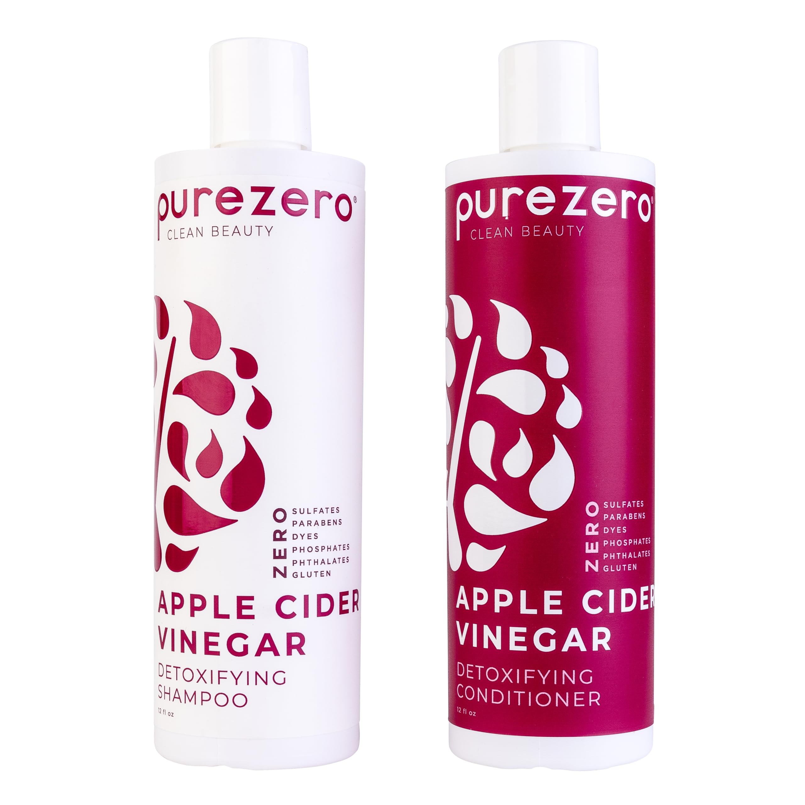 Purezero Apple Cider Vinegar Shampoo bottle highlights detox scalp and balanced hair care